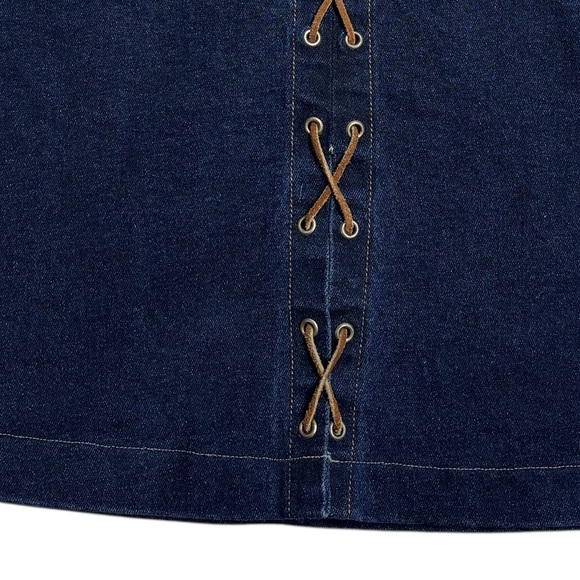 VTG 90’s Watch L.A. Denim & Brown Raw Hide Lace Up Front Midi Pencil Skirt L - Picture 2 of 11